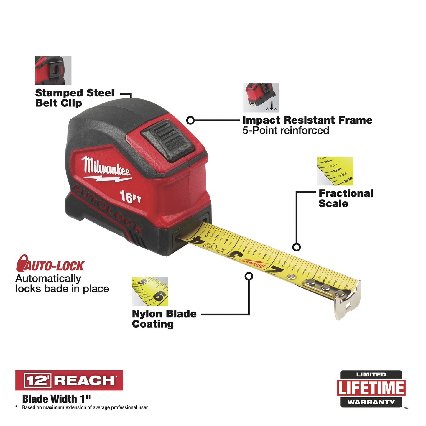 Milwaukee 16ft. Compact Auto-Lock Tape Measure, Model# 48-22-6816