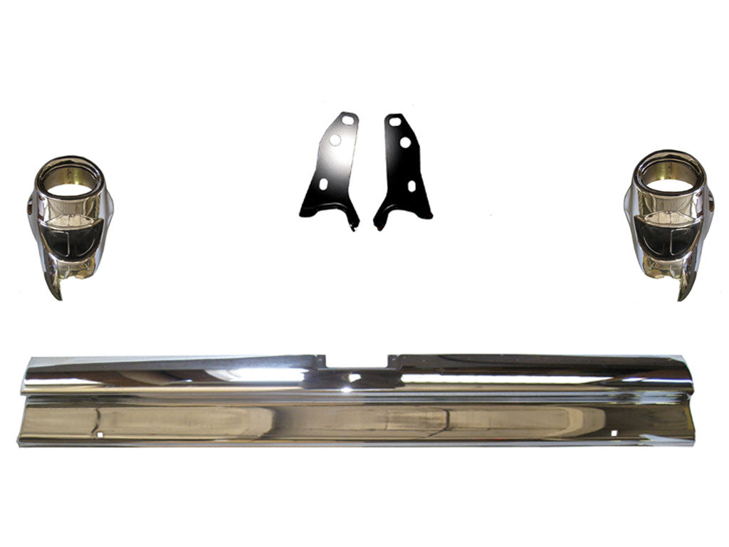 RR BUMPER, BUMPER ENDS LH, RH, CENTER BUMPER BRACKETS. SET 57 CHEVY BELAIR. 150, & 210 (EX. ST. WAG., SD. DELV.)